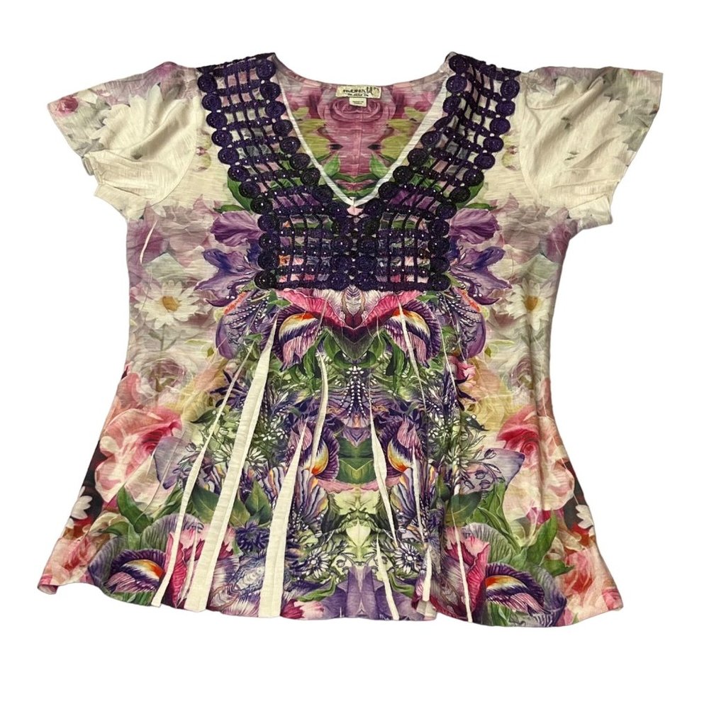 One World Tunic Top Womens PS Cap Sleeve Floral Embellished Pleated V-Neck